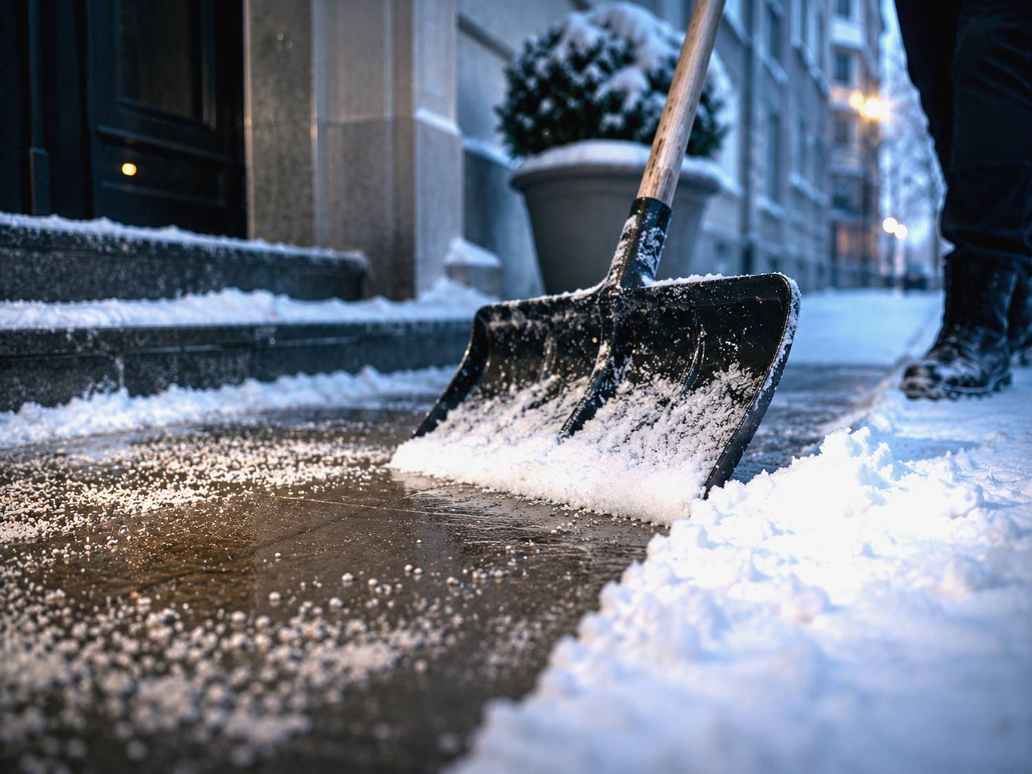 Schneeschieber räumt einen Weg vor einem Berliner Hauseingang