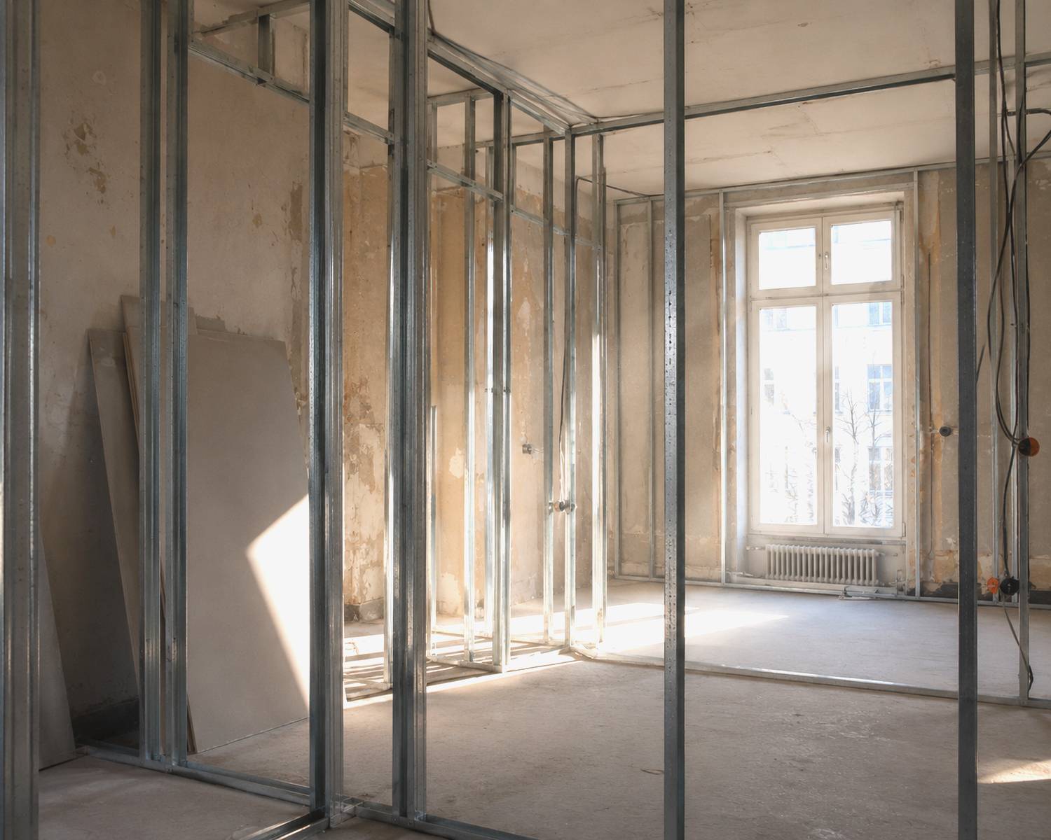 Metall-Ständerwerk im Trockenbau einer Berliner Altbauwohnung