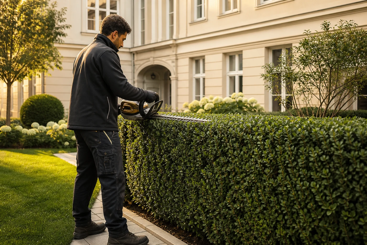 Professioneller Heckenschnitt in einem gepflegten Berliner Innenhof