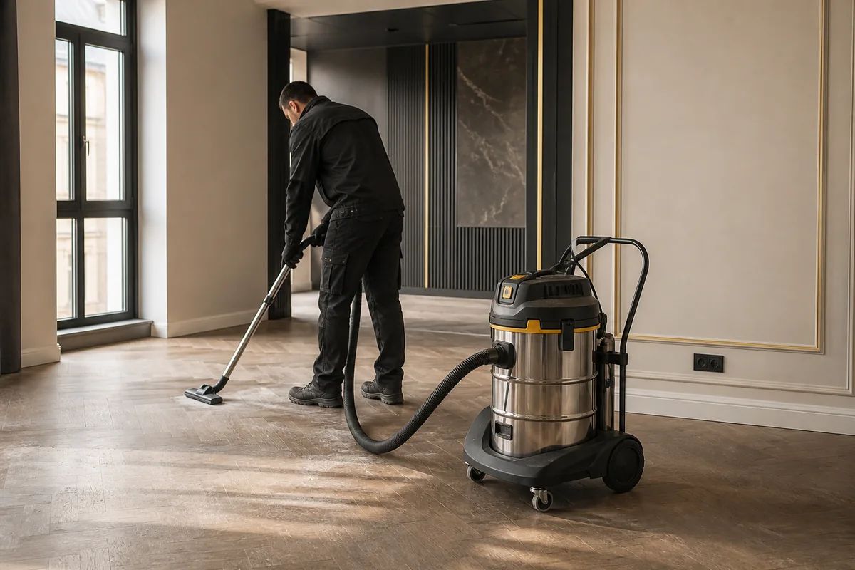 Bauendreinigung eines fertiggestellten Innenraums mit professionellem Reinigungsgerät